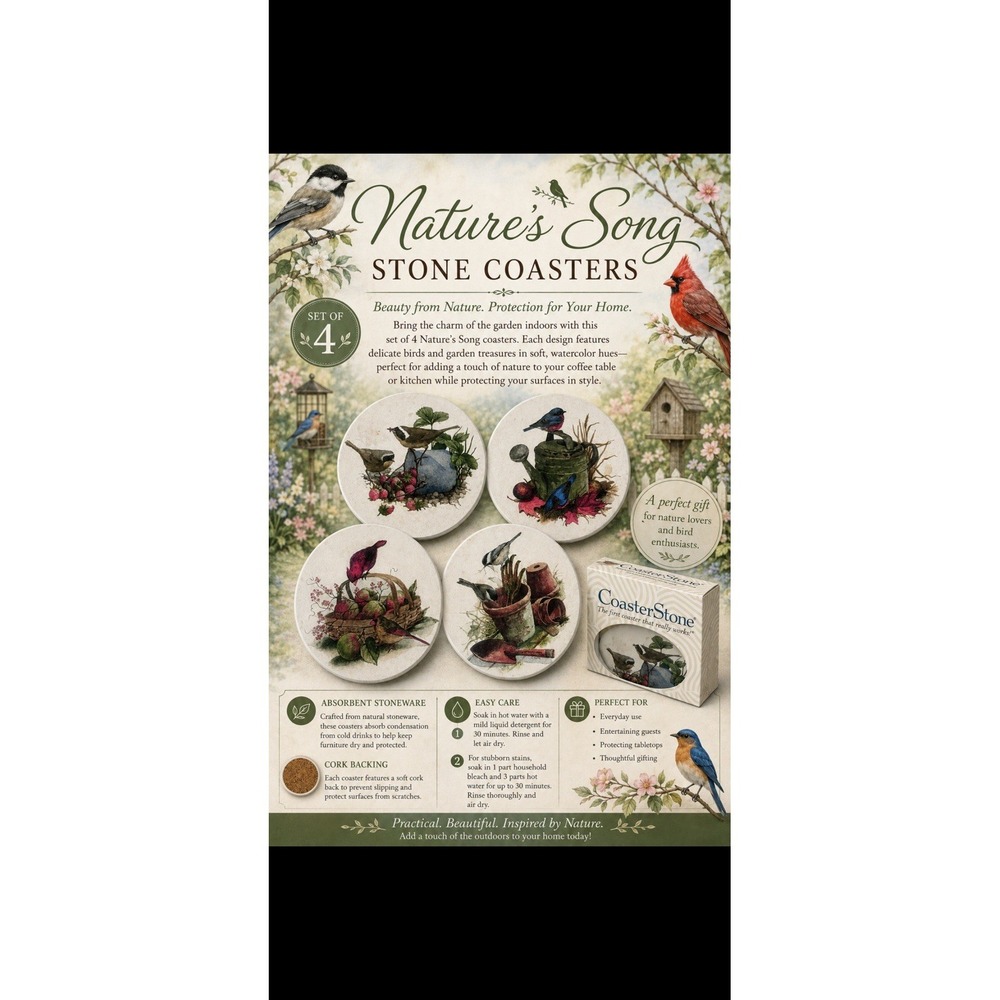 Coaster Stone Set of 4 Bird & Basket, Garden, Watering Can Coasters With Box